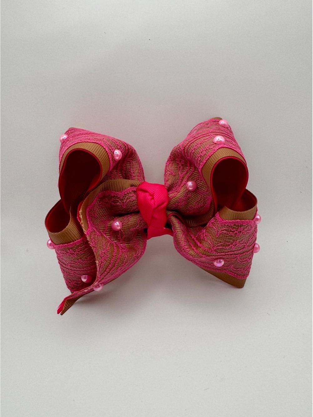 Pink Lace & Tan Boutique Hair Bow 4.5 Inch